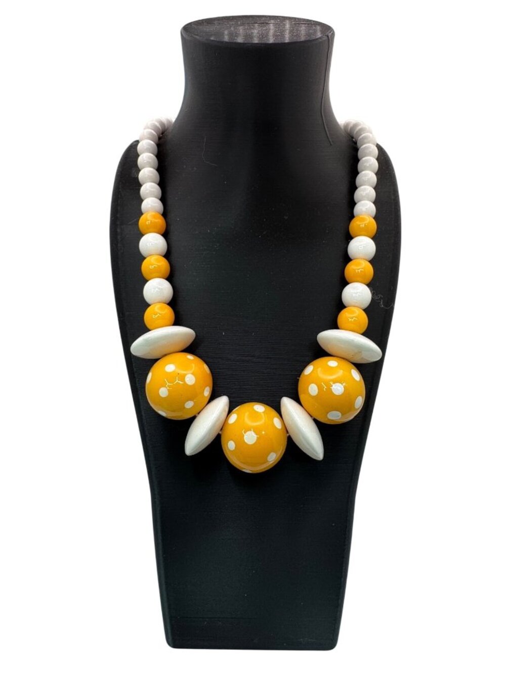 Vintage Yellow & White Polka Dot Beaded Necklace 24” Retro Lucite Jewelry Boho